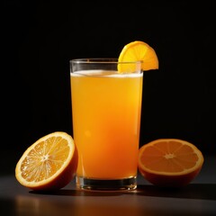 Fototapeta premium A refreshing glass of vibrant orange juice with fresh orange slices on a dark background