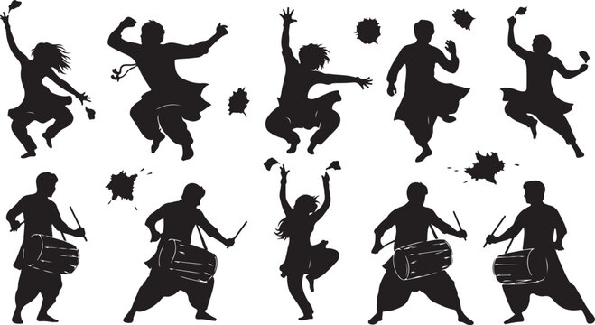 Bhangra dancers and dhol players silhouettes
