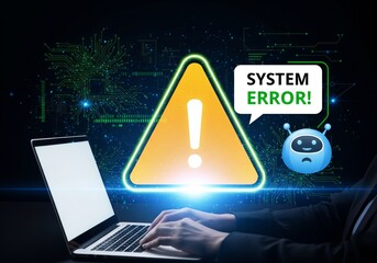 Digital system error warning displayed on laptop screen with warning sign and robot.