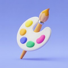A vibrant 3d illustration featuring a paint palette and brush for artistic inspiration