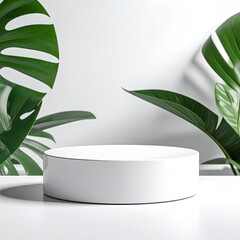 White platform surrounded by lush, green tropical foliage against a white backdrop