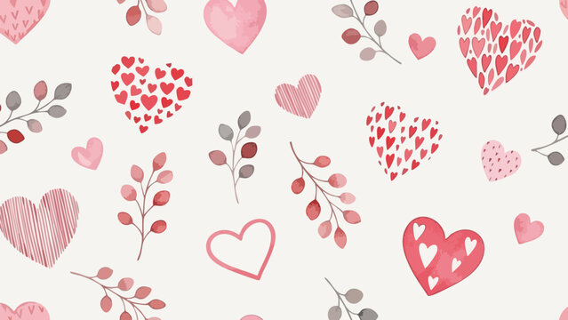 Delicate watercolor seamless pattern featuring various pink and red hearts and soft botanical elements