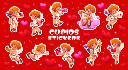 Obraz premium Cartoon valentine's day cherub cupid angel characters stickers pack. Love holiday character vector sticker, St Valentine personage label with cute cupid playing on harp, carrying letter, giving gifts