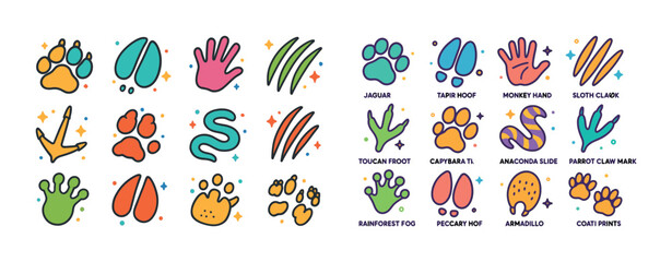 Fototapeta premium Colorful cartoon animal tracks featuring hooves, paws, and claws