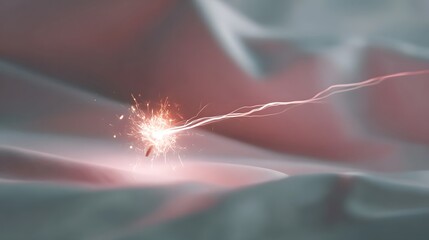 Close up of a burning sparkler creating vibrant light trails and glowing embers against a smooth abstract and softly blurred background in muted red and gray tones