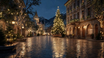 Obraz premium Christmas tree town: A mesmerizing winter landscape, where a beautifully adorned Christmas tree takes center stage amidst the cozy ambiance of a quaint town.