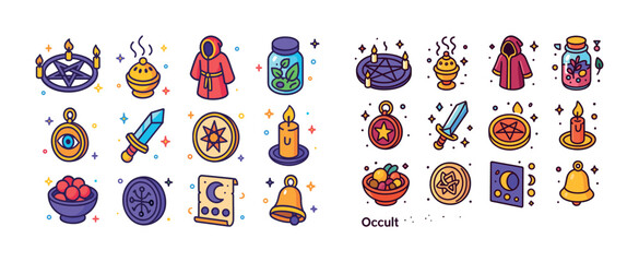 Fototapeta premium Colorful occult icons: rituals, mystical symbols, and magic tool