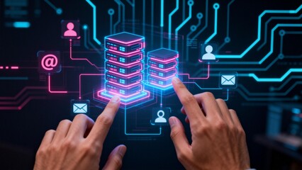 Hands interacting with digital server network