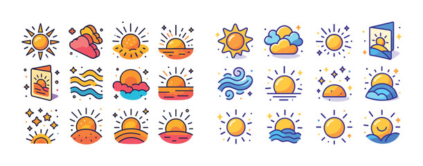 Colorful cartoon sun icons and symbols set with clouds and waves