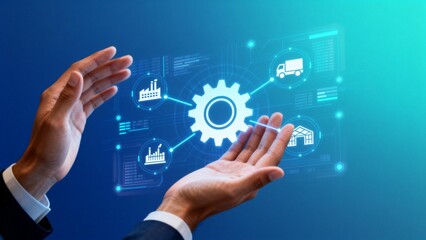 Hands interacting with digital technology icons