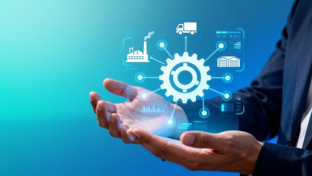 Hands holding digital industry icons - Powered by Adobe