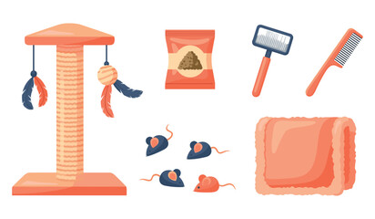 Cat accessories set: scratching post, toys, food, grooming tools, blanket