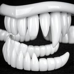 Close-up of glossy white teeth, including prominent canine fangs