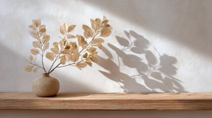 Calm and serene scene with minimal plant in vase on wooden shelf. natural light casts beautiful shadow on textured wall, creating peaceful home decor moment