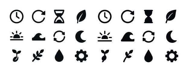 Eco-friendly icons collection featuring time, nature, and growth