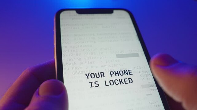 Phone message by hacker group requesting ransom to enable access to device. Person holding smart phone is blocked and denied control of personal mobile device by cyber spy ransomware or malware