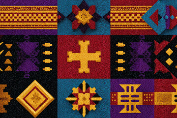 Colorful traditional textile pattern with geometric abstract shapes. vibrant folk art background shows quilt design with rich cultural heritage and symbolic decoration