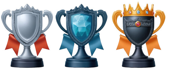 Three distinct trophies featuring silver, blue, and gold designs, symbolizing achievement and competition