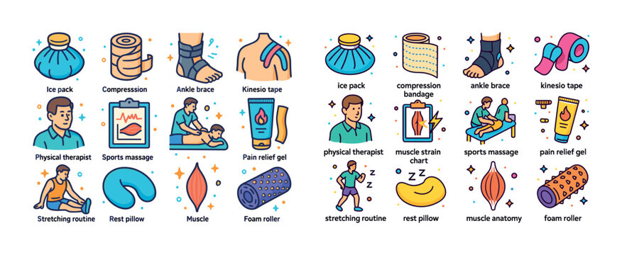Physical therapy icons: treatments, tools, and techniques illust