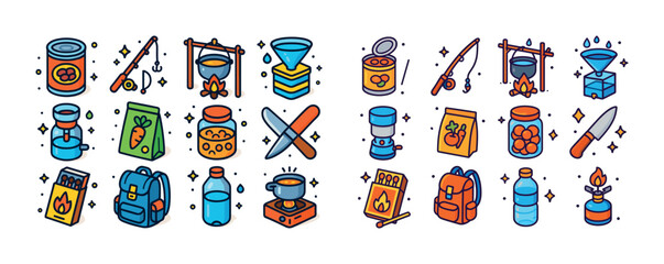 Fototapeta premium Colorful camp gear and food icons for outdoor adventures