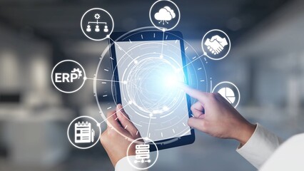 ERP icons show management, integration, and business process. ERP supports data management, ERP efficiency, and ERP organizational solutions. Gist