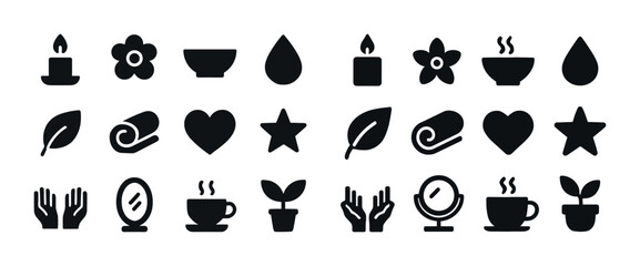 Spa and wellness icons: candle, flower, leaf, heart, cup, plant,