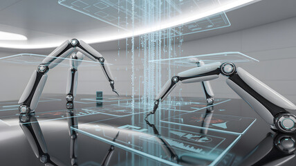 Advanced Robotic Arm Working in a Futuristic Laboratory with Holographic Digital Displays and Data Screens