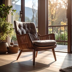 Interior shot of a luxury armchair next to open windows overlooking nature