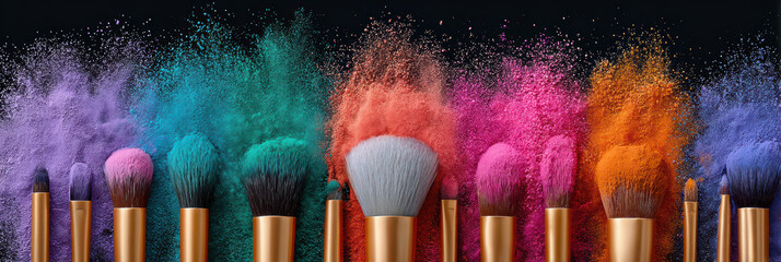 Vibrant and colorful explosion of cosmetic powder from set of makeup brush beauty tools. This creative concept shows dynamic energy and art of color in professional beauty