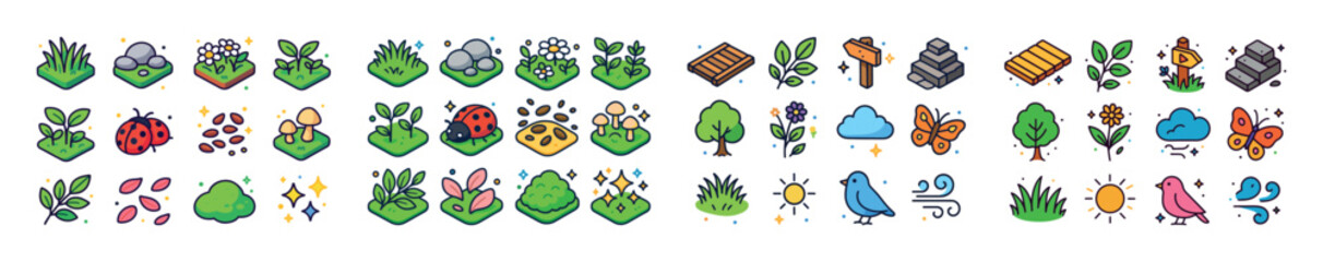 Obraz premium Colorful nature icons: insects, plants, weather, and animals col