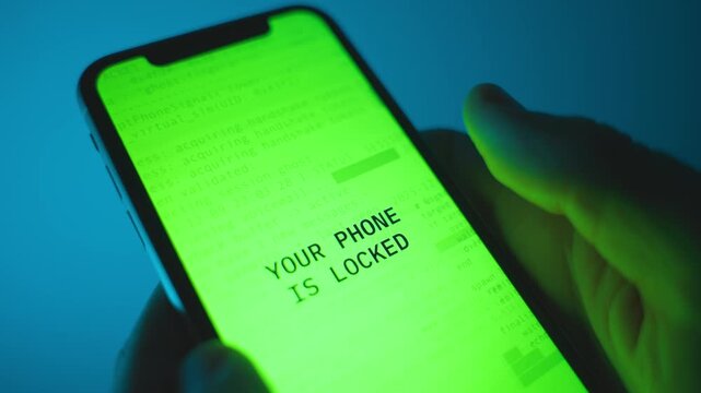 Phone message pop on device screen alerting it is lock and request money ransom. Ransomware app on smartphone locking user out denying access. Hijacking or remote hacking mobile phone by hacker group