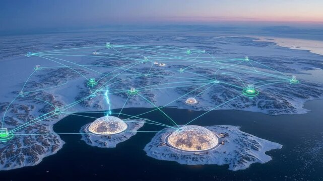Vantage of futuristic cityscape with interconnected glowing hubs