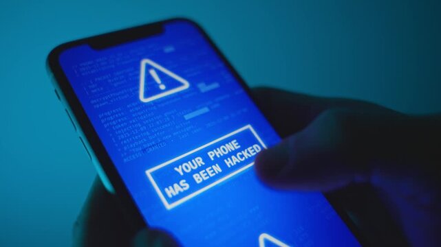 Hacked mobile device is locked showing message notification on screen. User locked out of his or her smartphone. Hand holding phone when code and malware alert pops up. Remote access of hacker group