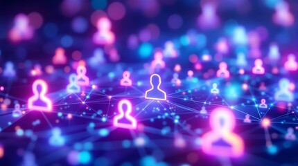 Abstract digital network of glowing user icons connected by lines in a vibrant neon blue and pink futuristic cyberspace environment representing global connectivity and social media