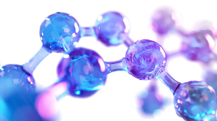 Abstract visualization of glowing blue and purple liquid molecules connected in a scientific structure against a bright white background