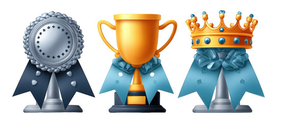 Three distinct trophies on pedestals showcasing awards for achievement and success