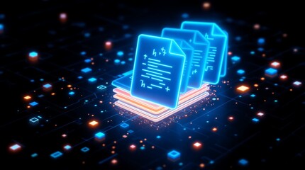 Glowing digital document files stacked on a futuristic circuit board with vibrant blue and orange data points representing information storage and transfer concepts