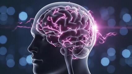 Human Brain With Electrical Activity Pink Neon Lights Glowing And Pulsating Detailed Medical Animation Of Neural Network Activity With Soft Bokeh Background - Powered by Adobe