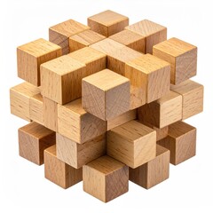 A wooden puzzle composed of interlocking blocks, geometric in shape