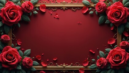 Ornate gold frame adorned with rich red roses and falling petals on a deep crimson background. Blank center space for text or graphic. Ideal for romance or event invitations.