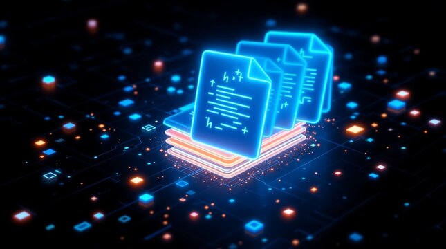 Glowing digital document files stacked on a futuristic circuit board with vibrant blue and orange data points representing information storage and transfer concepts - Powered by Adobe