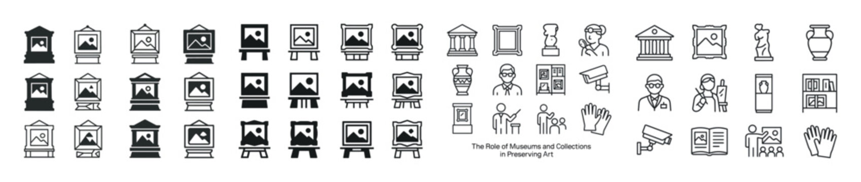 Set of art museum and gallery icons featuring exhibits and cultu