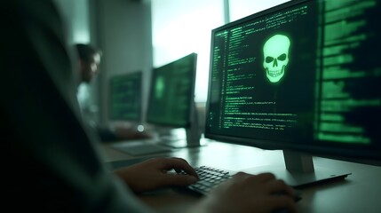 Cybersecurity threat symbolized by a glowing skull icon on a computer screen displaying code with professionals working in the background