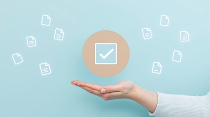 Hand presenting a central verified document icon surrounded by floating file outlines against a soft blue background symbolizing successful data management and approval processes