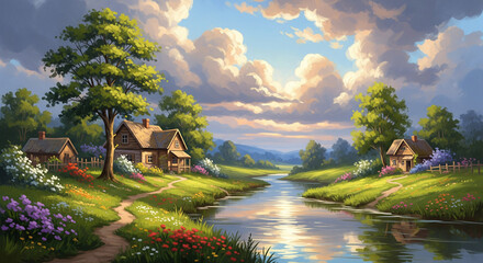 Charming Countryside Cottage by a Tranquil River in Oil Painting Style, 3D Painting Wallpaper, 3d modern art mural wallpaper, 3d mural wallpaper. 