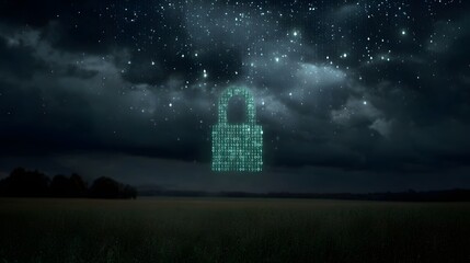 A digital padlock icon formed from glowing green code hovers in a starry cloudy night sky