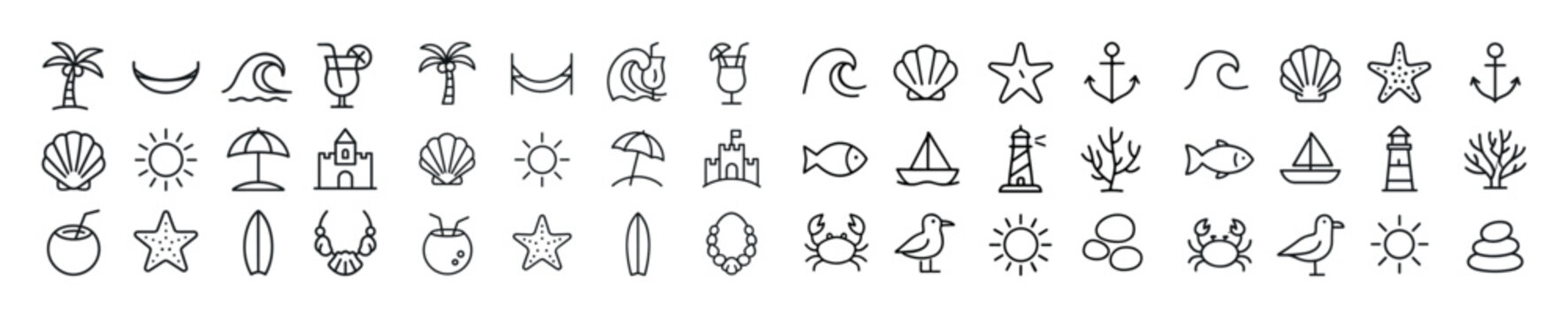 Set of beach and ocean line icons: palm trees, suns, shells, anc