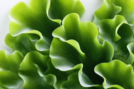 Serene close up of fresh green seaweed, an edible algae leaf with beautiful abstract pattern. healthy food background shows organic, natural, vibrant texture