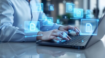 Businessperson working on laptop with digital documents floating above keyboard