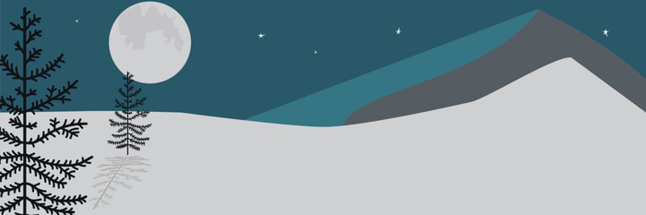 Winter solstice night landscape with moon and mountain silhouettes